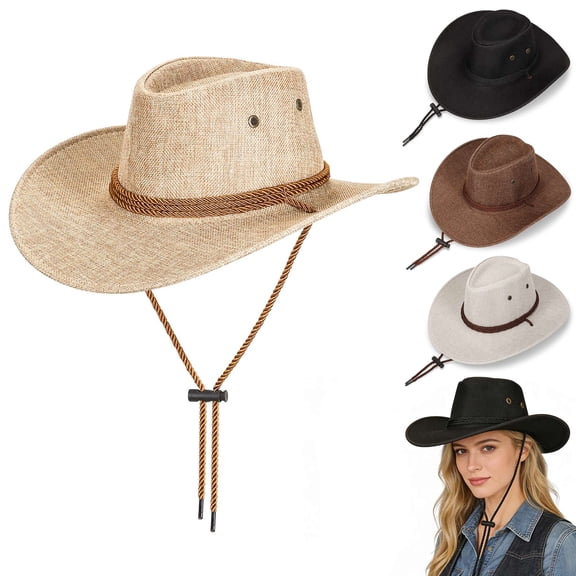 Gustave Western Cowboy Hat for Men Women Breathable Linen Wide Brim Summer Sun Hat with Chin Strap for Outdoor Travel Hiking Beach - Beige