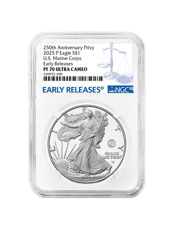 2025-P $1 1-oz Proof American Silver Eagle Marine Corps Privy NGC PF70UC ER Blue Label 250th Anniversary