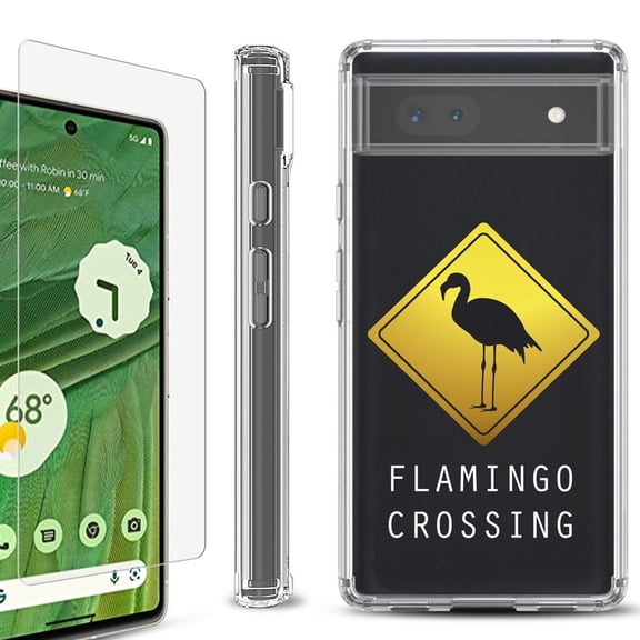 Shockproof Bumper Phone Case for Google Pixel 6a, with Tempered Glass Screen Protector, by OneToughShield ® - Flamingo