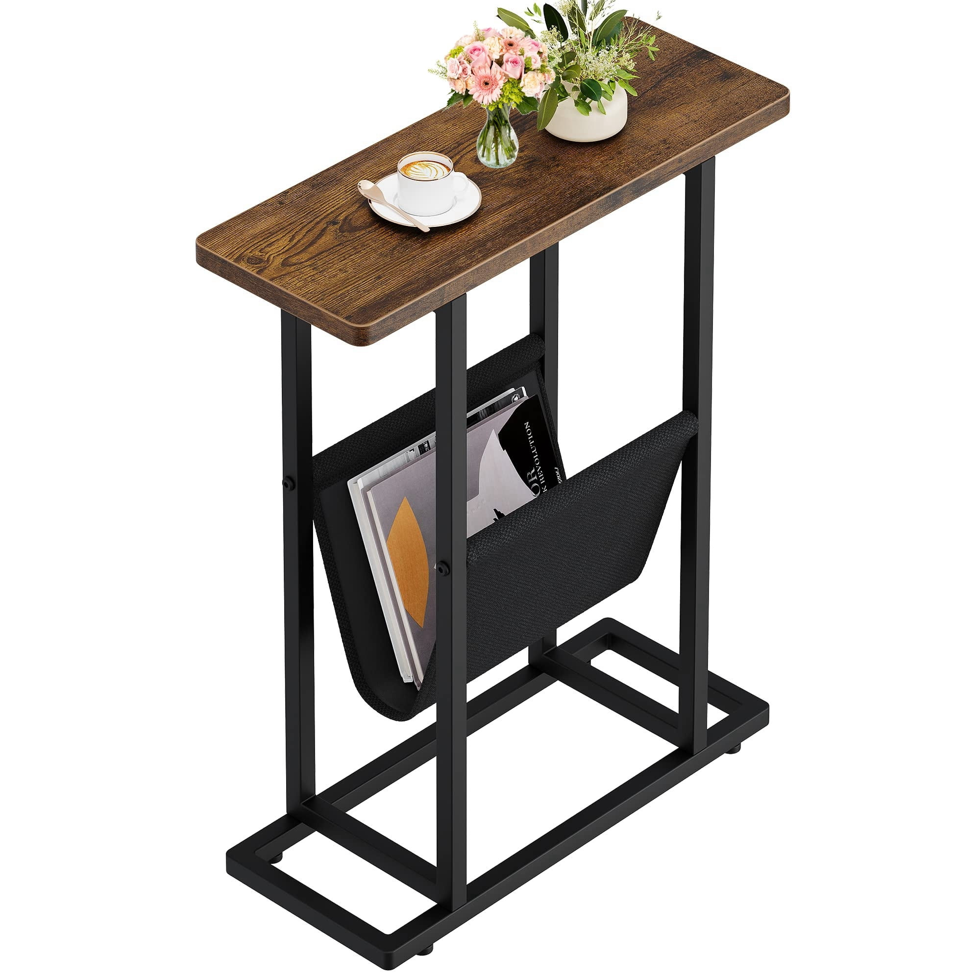 Soonbuy Slim Thin End Table with Storage Holder,Rustic Brown