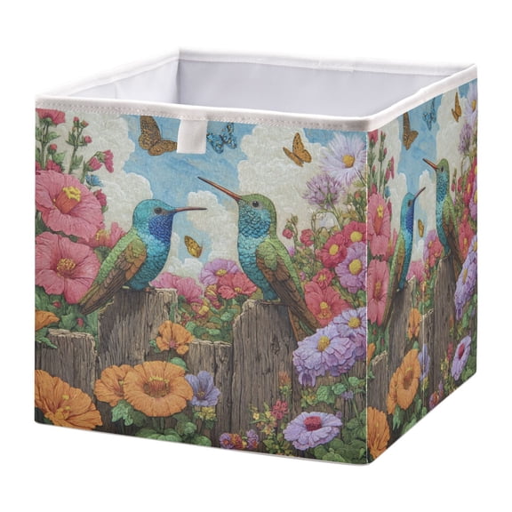 Foldable Fabric Storage Bin Home Cubes Clothing Organizer Bins Large Collapsible Box Basket for Home Organizer Hummingbirds and Flowers