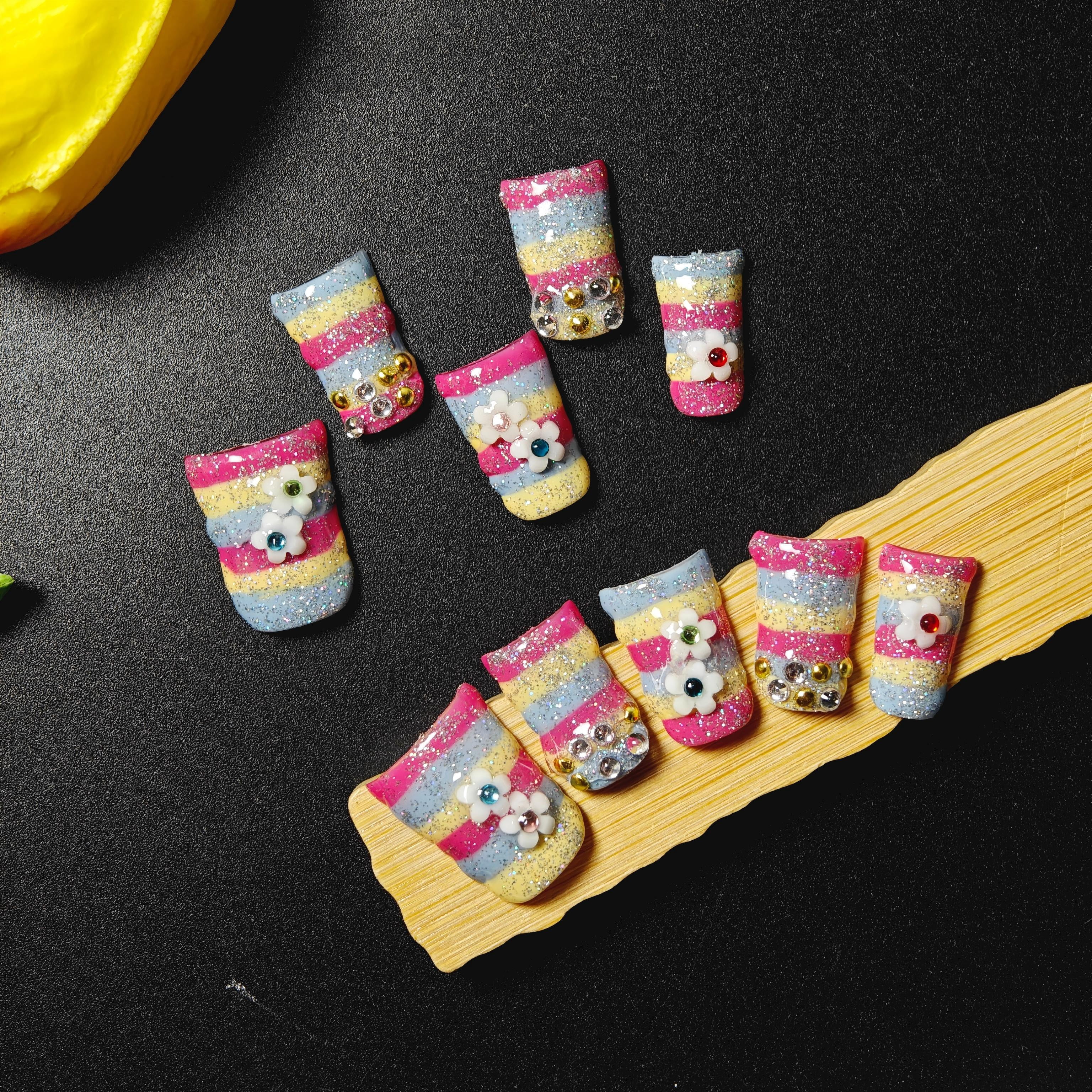 Handmade Press-on Nails with Glitter Stripes and Floral Rhinestones