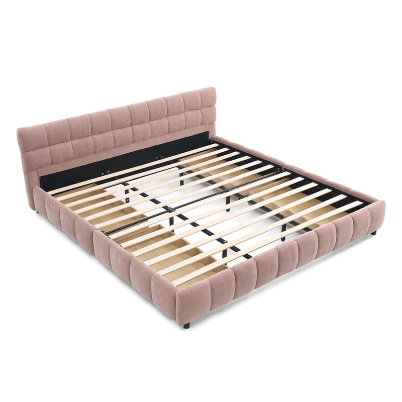King Size Upholstered Platform Bed with 4 Storage Drawers, Low-Profile Chenille Grounded Bed with Headboard and Solid Frame, No Box Spring Needed
