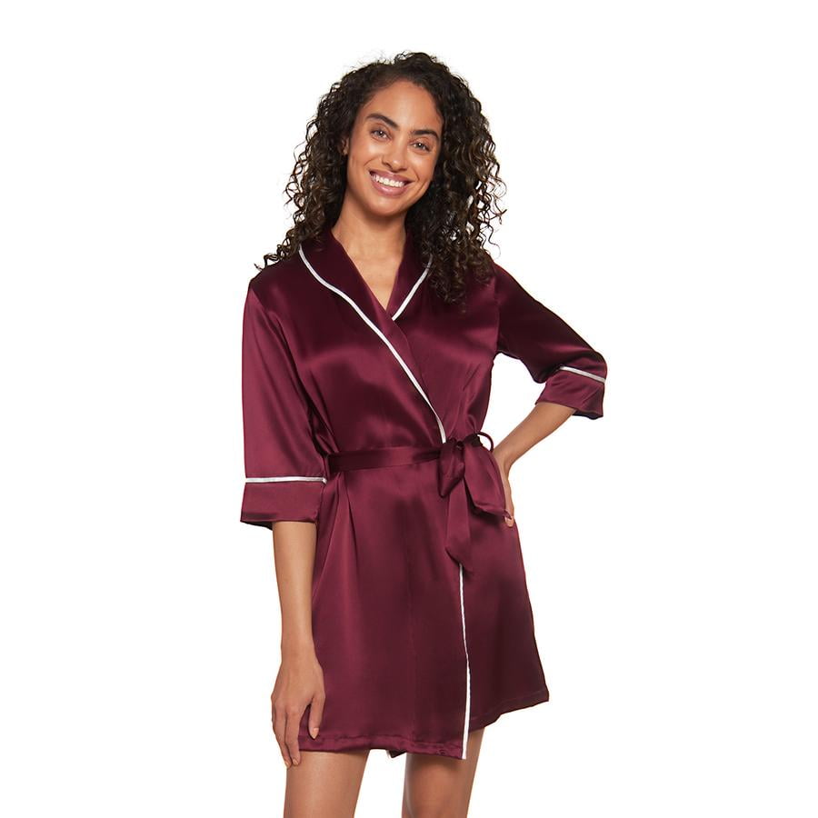 MYK 100 Mulberry Silk Luxury Kimono Robe Dressing Gown for Women Short Length Burgundy