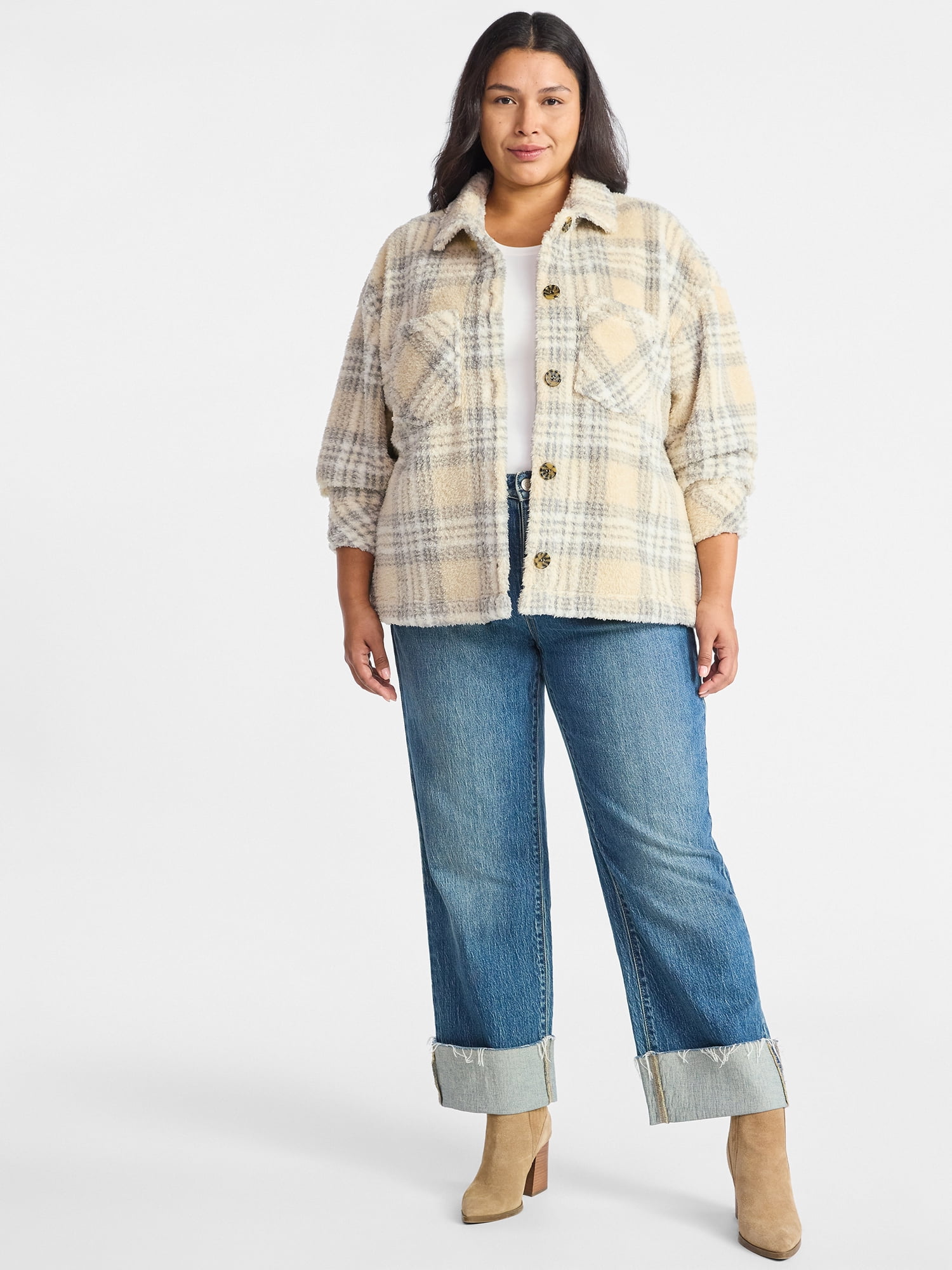 Terra & Sky Women's Plus Size Cozy Button Front Shacket with Long Sleeves, Sizes 0X-5X