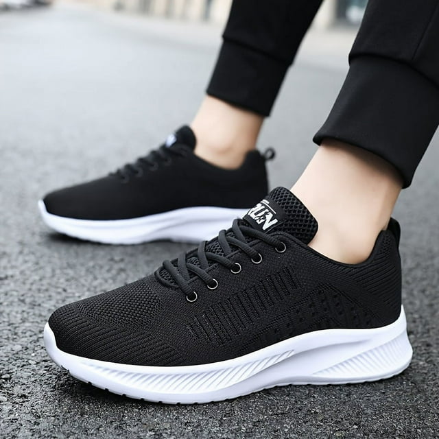 Mens Lightweight Breathable Knit Running Shoes - Soft EVA Sole, Lace Up, Mesh Inner, Comfy Solid Color Sneakers for Outdoor Jogging, Casual Daily Wear in Spring, Summer, Fall Seasons