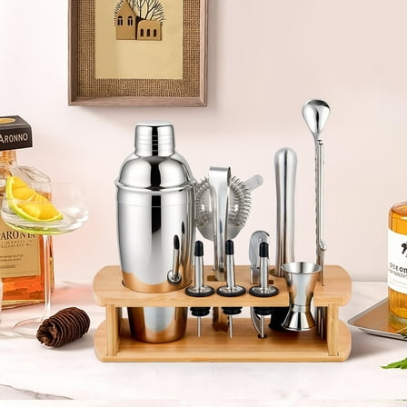 Coliware 16pcs Bartender Kit, Stainless Steel Cocktail Shaker Set with Bamboo Stand, Full Bar Cart Accessories, Bareware Tool Set for Home Bar