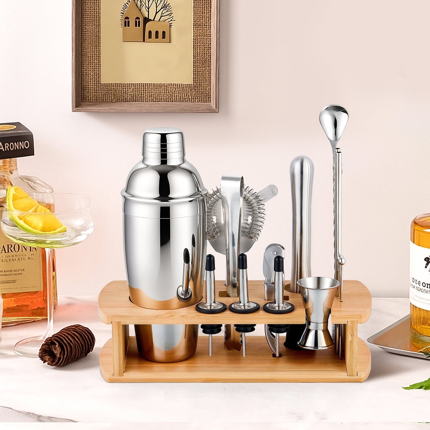 Coliware 16pcs Bartender Kit, Stainless Steel Cocktail Shaker Set with Bamboo Stand, Full Bar Cart Accessories, Bareware Tool Set for Home Bar