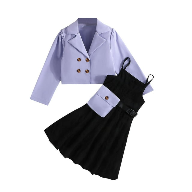 Odeerbi 6-14 Años Niñas Trajes de Verano de Algodón Slip Vestido de Solapa Con Muescas Blazer Chaqueta Con Bolsa de Tres Piezas Vestido Conjunto