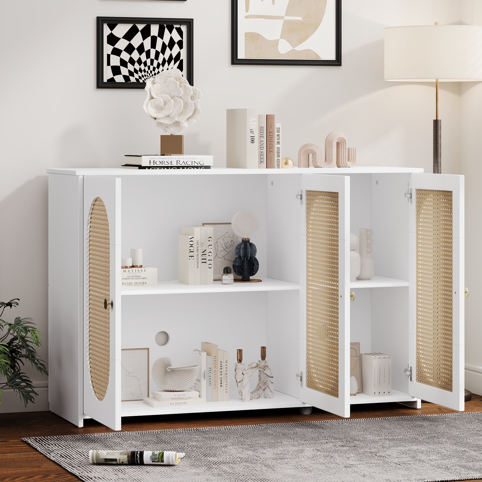 Lunale 48.8" Retro 3-Door Storage Sideboard Cabinet with Artificial Rattan Doors for Living Room and Hallway, White