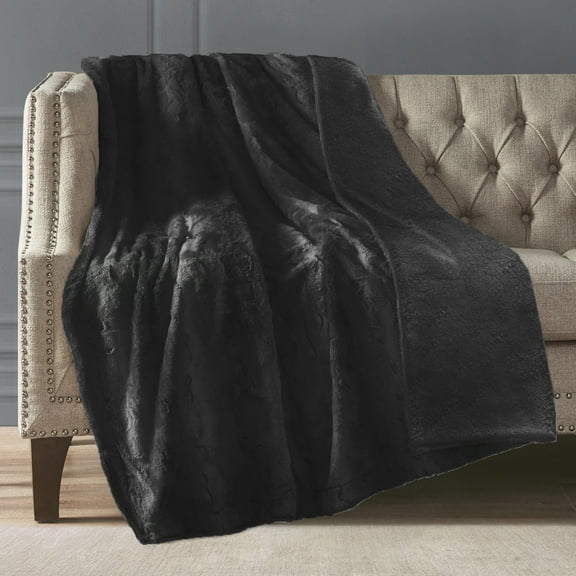 Artisan 34 Get Cozy Solid Faux Rabbit and Sherpa Reversible Throw-Black