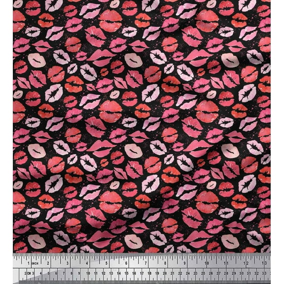 Soimoi Black Cotton Duck Fabric Lips Women Print Fabric by the Yard 42 Inch Wide
