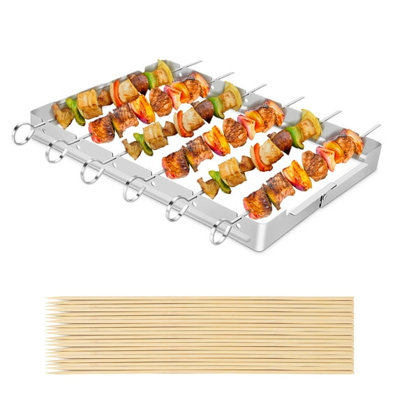Unicook Shish Kabob Set for BBQ Grilling, Foldable Stainless Steel Skewer Rack Set with 6pcs Metal Skewers and 50pcs Bamboo Skewers