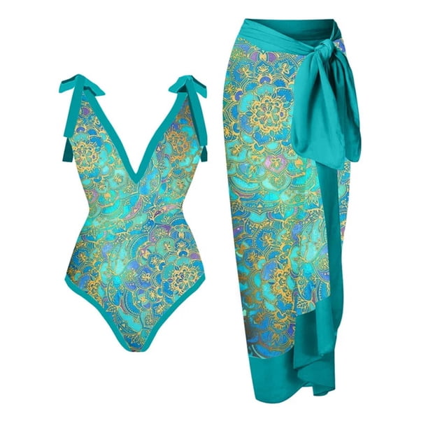 Augper Women's Summer French Vintage Printed Swimwear Open Back Sexy Skirt Women's Hot Spring Resort Beach Skirt Two Piece Swimwear