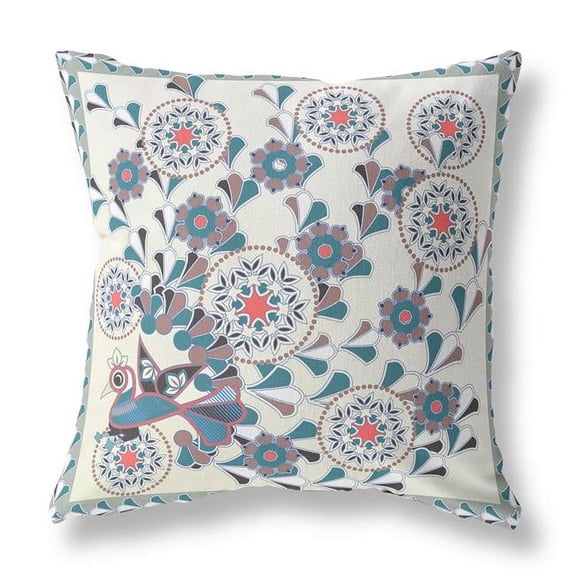 HomeRoots 481614 16 x 16 in. Peacock Blown Seam Floral Indoor Outdoor Throw Pillow, Off White