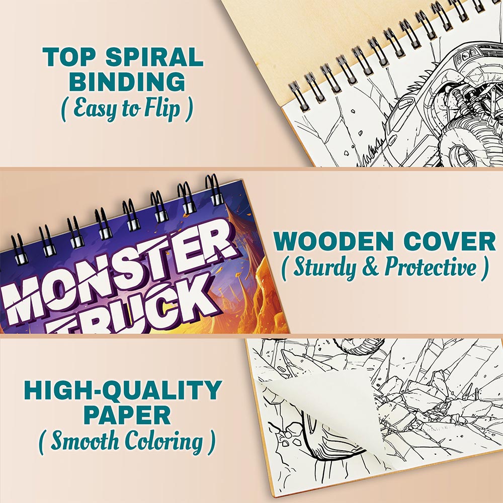 Netecom Monster Truck Coloring Book Spiral Bound For Adults, A5 Wooden Cover, 30 Captivating Coloring Pages of Powerful Monster Trucks for Stress Relief and Relaxation