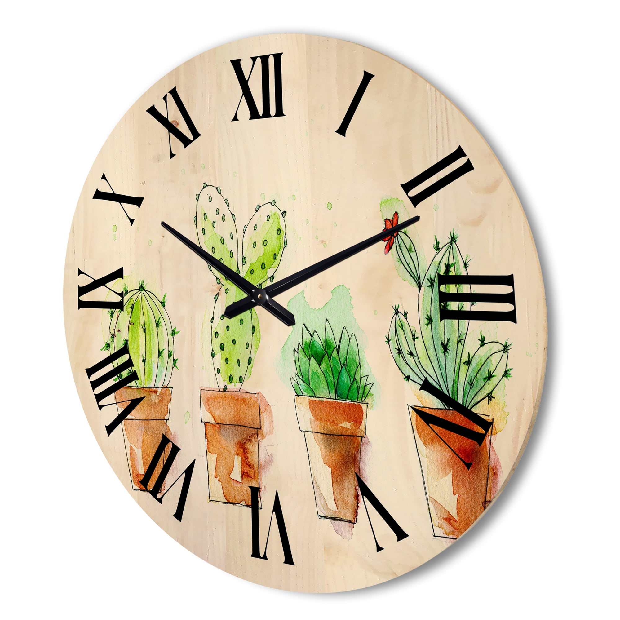Designart 'Cacti In Gentle Tones In Ceramic Pots I' Traditional Wood Wall Clock