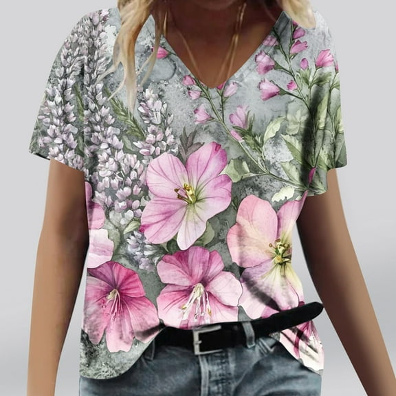 Rollbacks & More Viikei Womens tops V Neck Cotton,Fashion Woman Causal V-Neck Solid Blouse Short Sleeve T-Shirt Summer Pink S