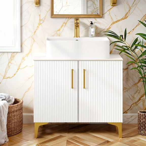 ModFusion 29" Bathroom Vanity Storage Cabinet with Ceramics Countertop Vessel Sink, Soft Closing Door Shelves, White