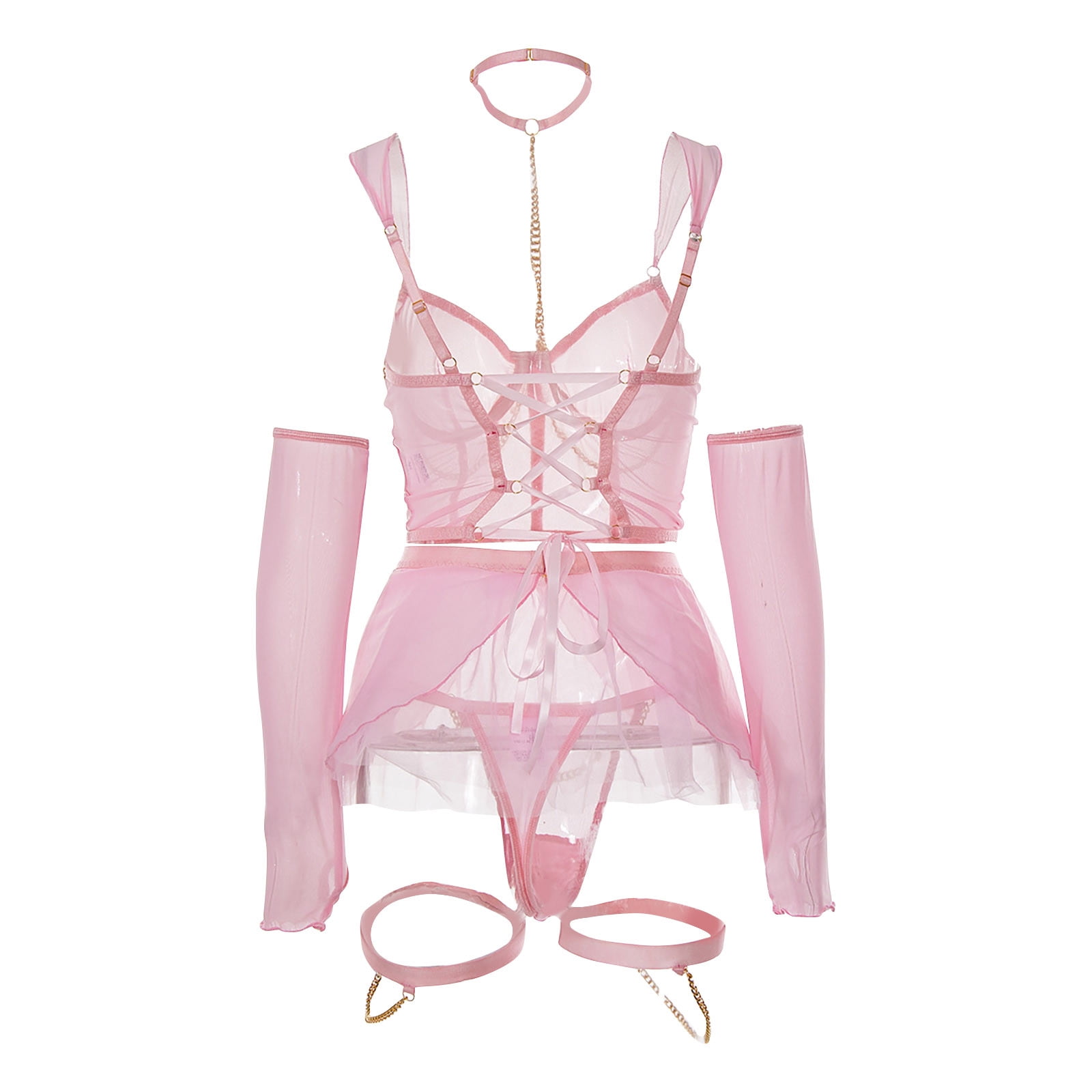 EGNMCR Lingerie Sets for Women Sexy Solid Strappy Long Sleeve Mesh Perspective Underwear Valentine Day Sleepwear Set Valentines Day Gifts for Her