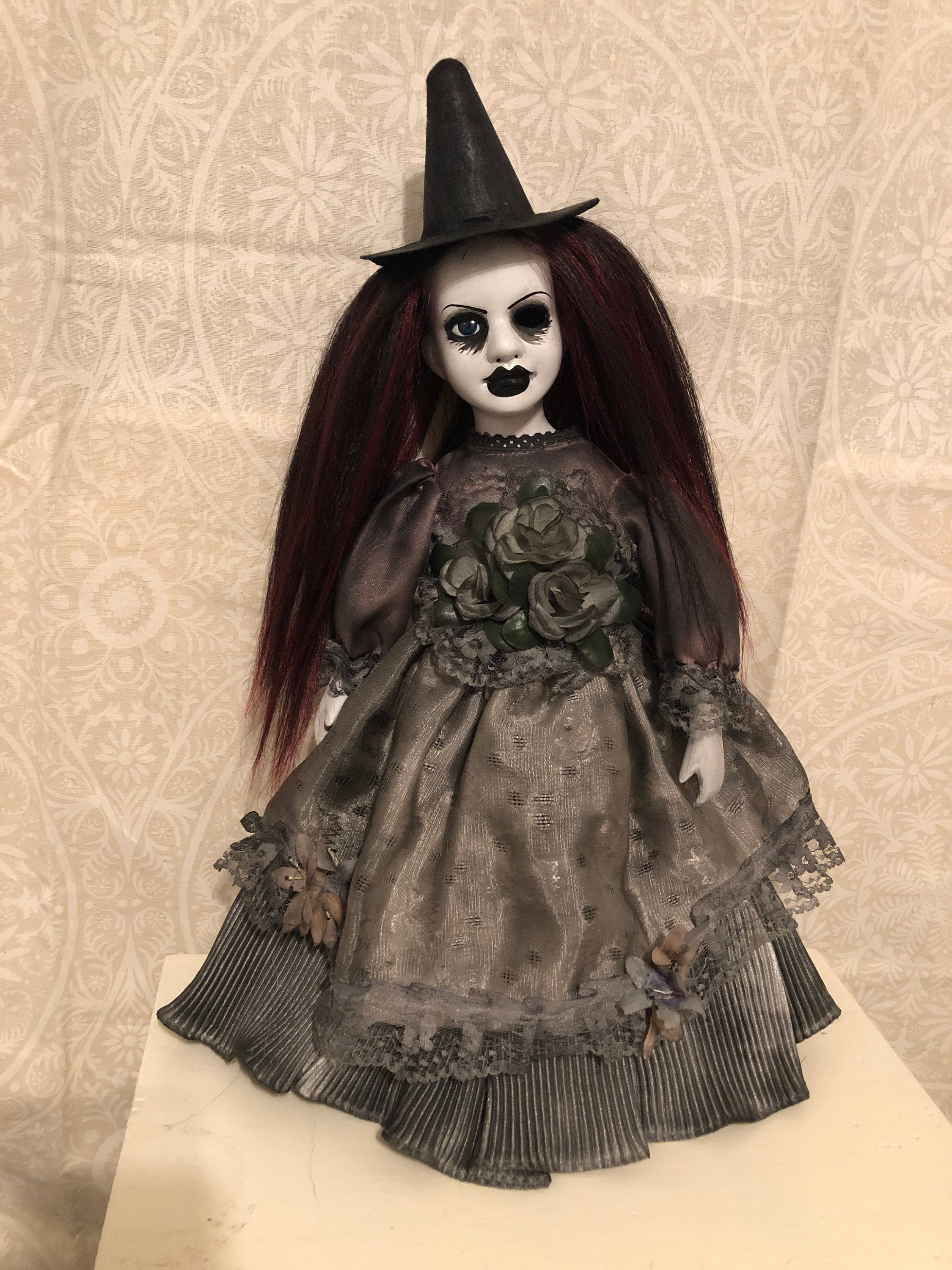 OOAK One Eye Burgundy Mourning Witch Creepy Horror Doll Art by Christie