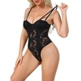thumbnail image 4 of INSPIRE CHIC Women's Mesh Lace Bodysuit Sheer Underwired Bustier Corset Tops Shapewear with Double Straps High Waisted Thongs Leotard S Black, 4 of 5