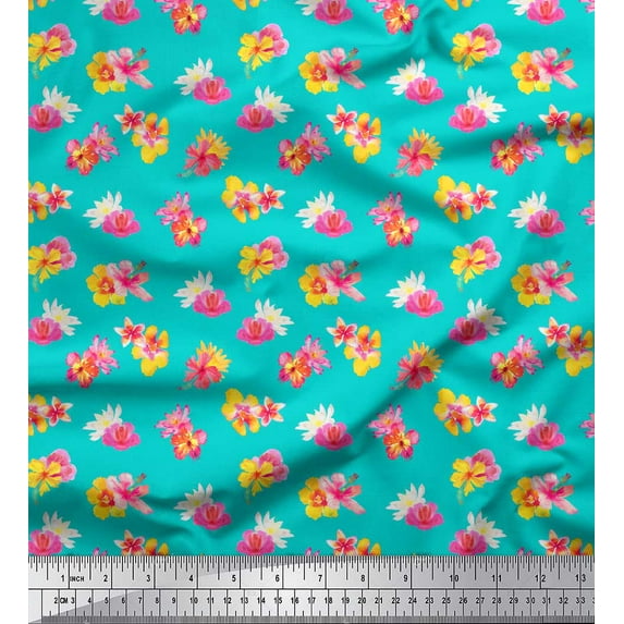 Soimoi Green Cotton Cambric Fabric Lotus Floral Print Printed Craft Fabric By the Yard 42 Inch Wide