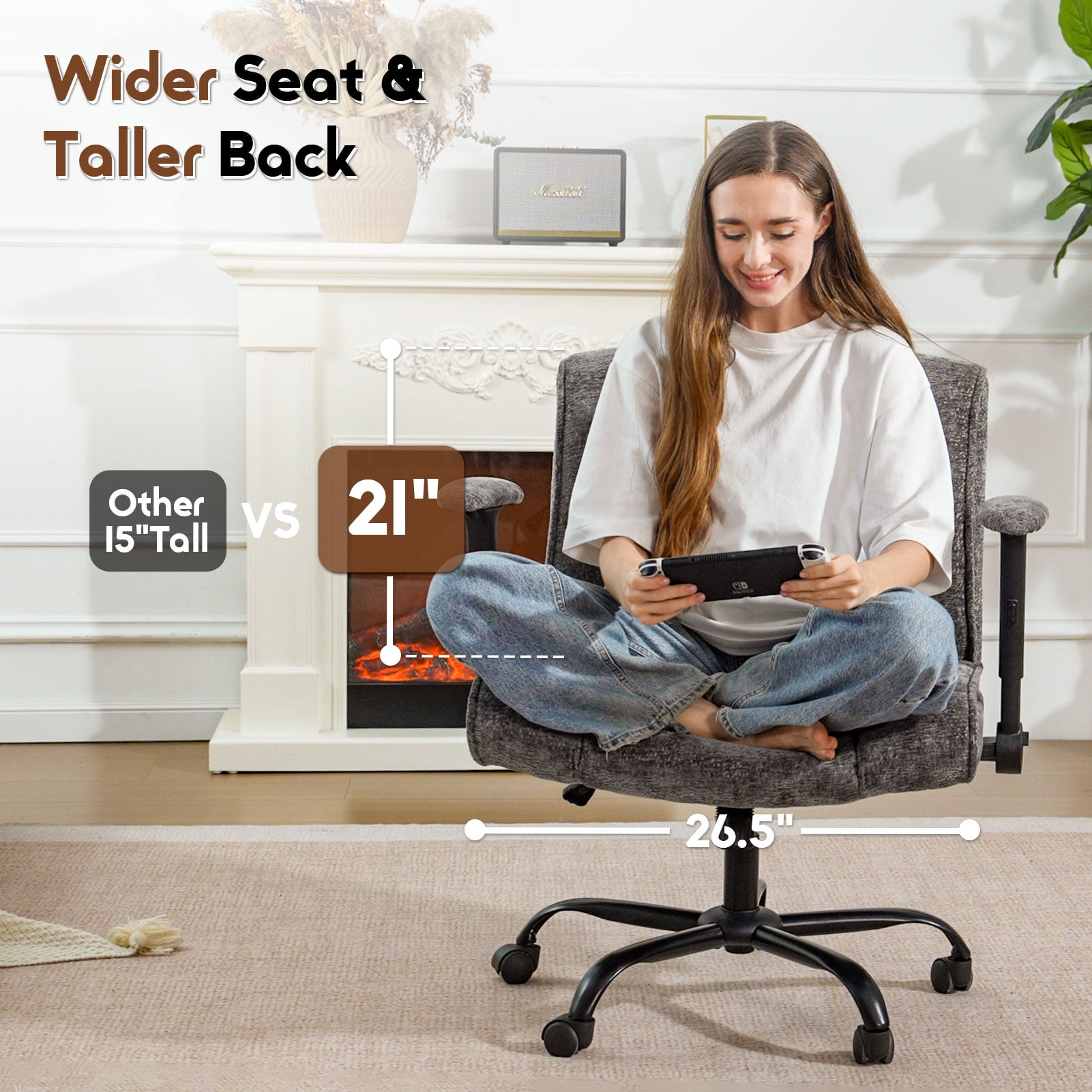 zzw Chenille Home Office Criss Cross Chair with Flip Arms, Lumbar Support and Wheels, Gray