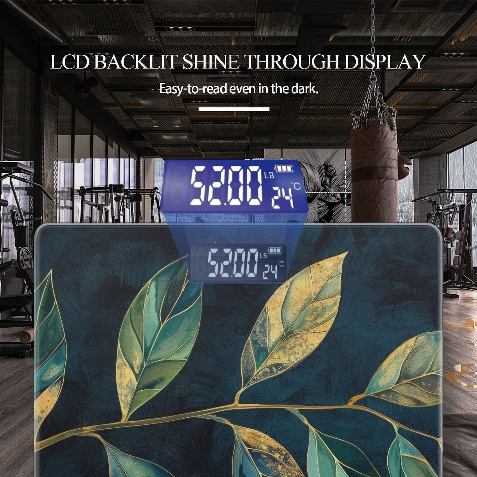 High Precision Body Weight Scale Smart Bathroom Scales with Large LCD Display(400lbs),Decorative for Bedroom-Branch With Leaves In Gold And Green Painted On Dark Blue Background