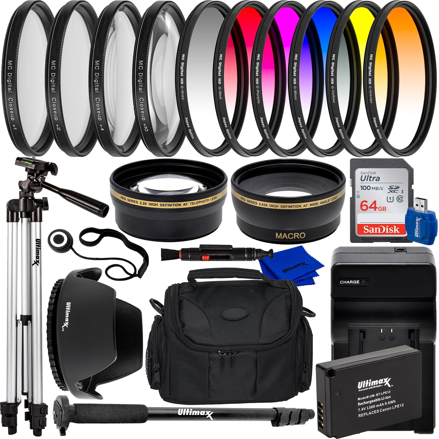 Ultimaxx 49mm Accessory Kit for Canon EOS M M10 M100 M200 M50 M50 Mark II Rebel SL1 &More - Includes: SanDisk Ultra 64GB SDXC 0.43x Wide Angle Lens Attachment & Much More