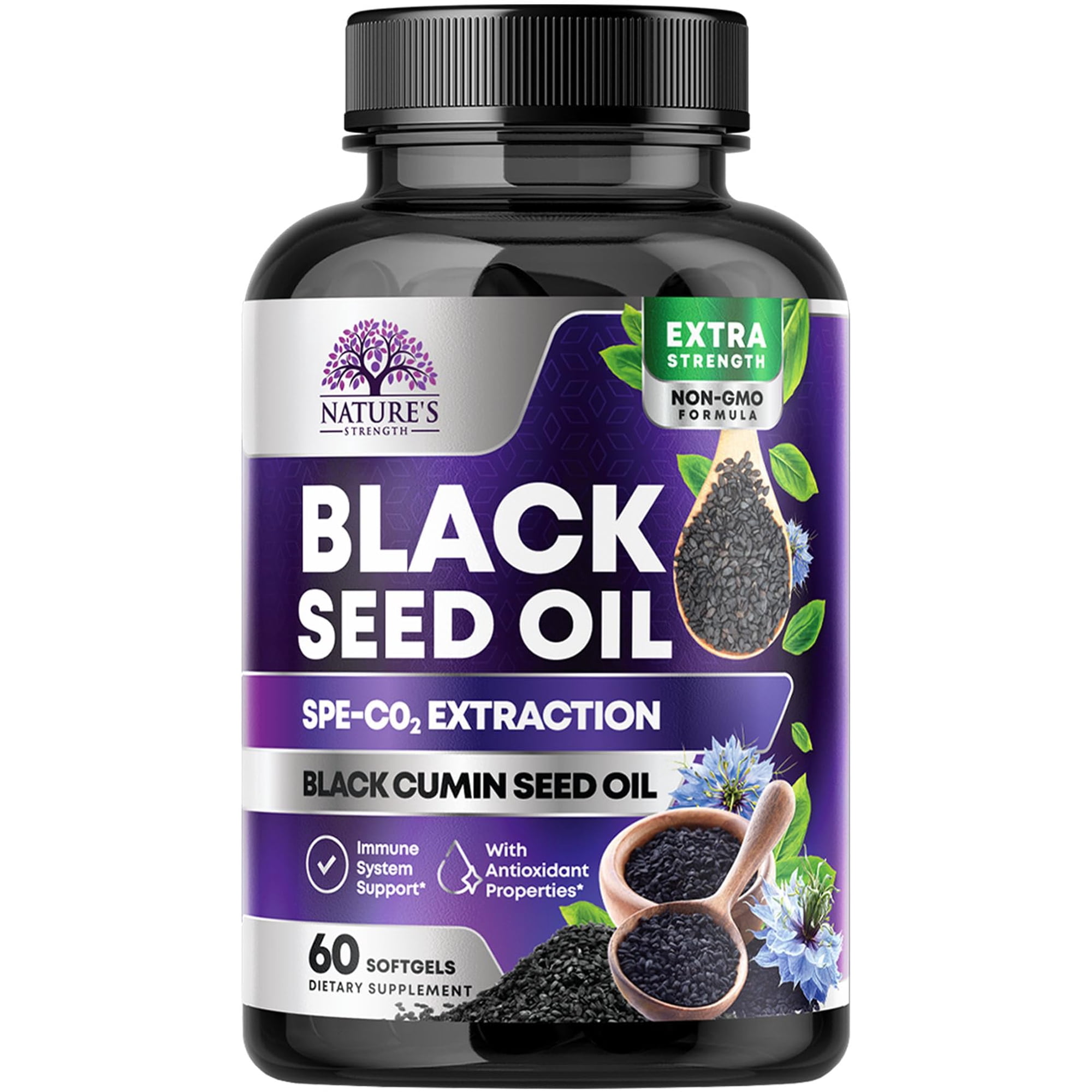 Black Seed Oil Capsules 1000mg with Thymoquinone - Pure Nigella Sativa for Skin Health & Immune Support, 100% Blackseed Oil, Amazing Extraction Above Cold Pressed Black Cumin Seed - 60 Softgels