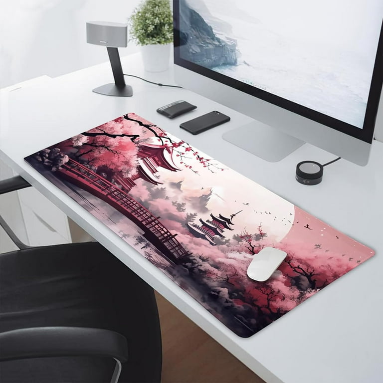 Pink Japanese Cherry Blossom Large Mouse Pad XXL Sakura Forest Tree Sun Tower Mountain Extended Large Desk Mat Big Desk Pad 90X40 CM Non Slip Rubber