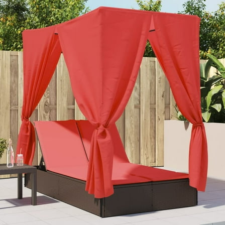 vidaXL Double Patio Sun Lounger with Roof and Curtains Brown Poly Rattan