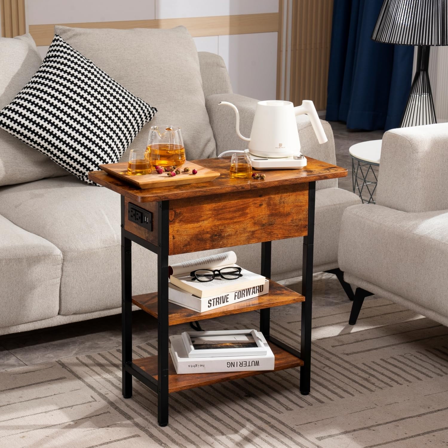 End Table with Charging Station, Flip Top Side Table for Living Room, Bedroom, Narrow Nightstand Bedside Table with Storage Shelves, Berry Brown