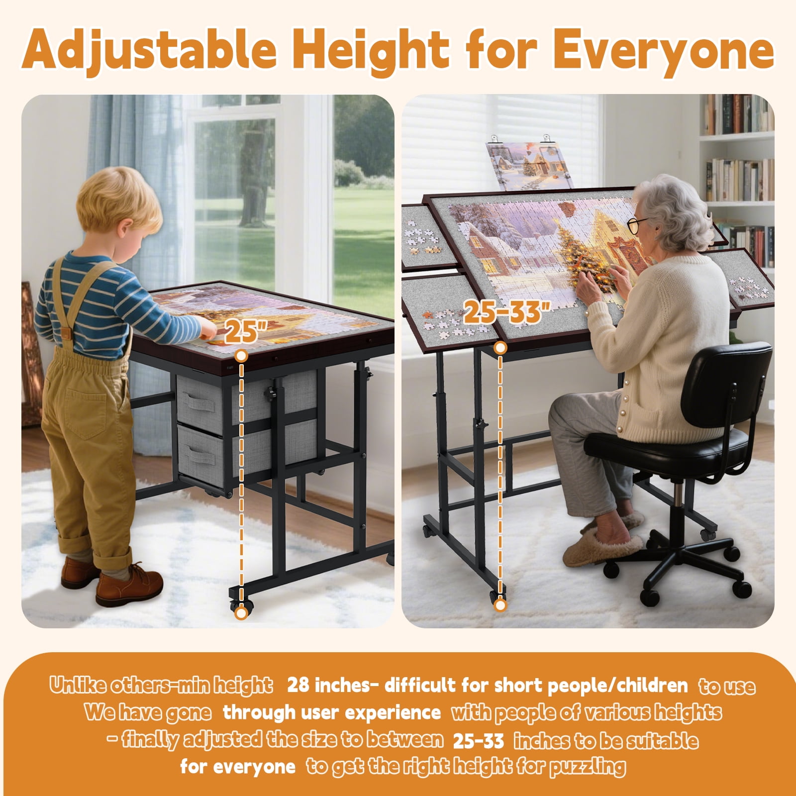 Jigsaw Puzzle Table for Adults with 6 Drawer and Legs, 1500 Pieces Puzzle Table with Protective Cover&Wheels, Adjustable Height and Five up Angles, Coffee&Gray