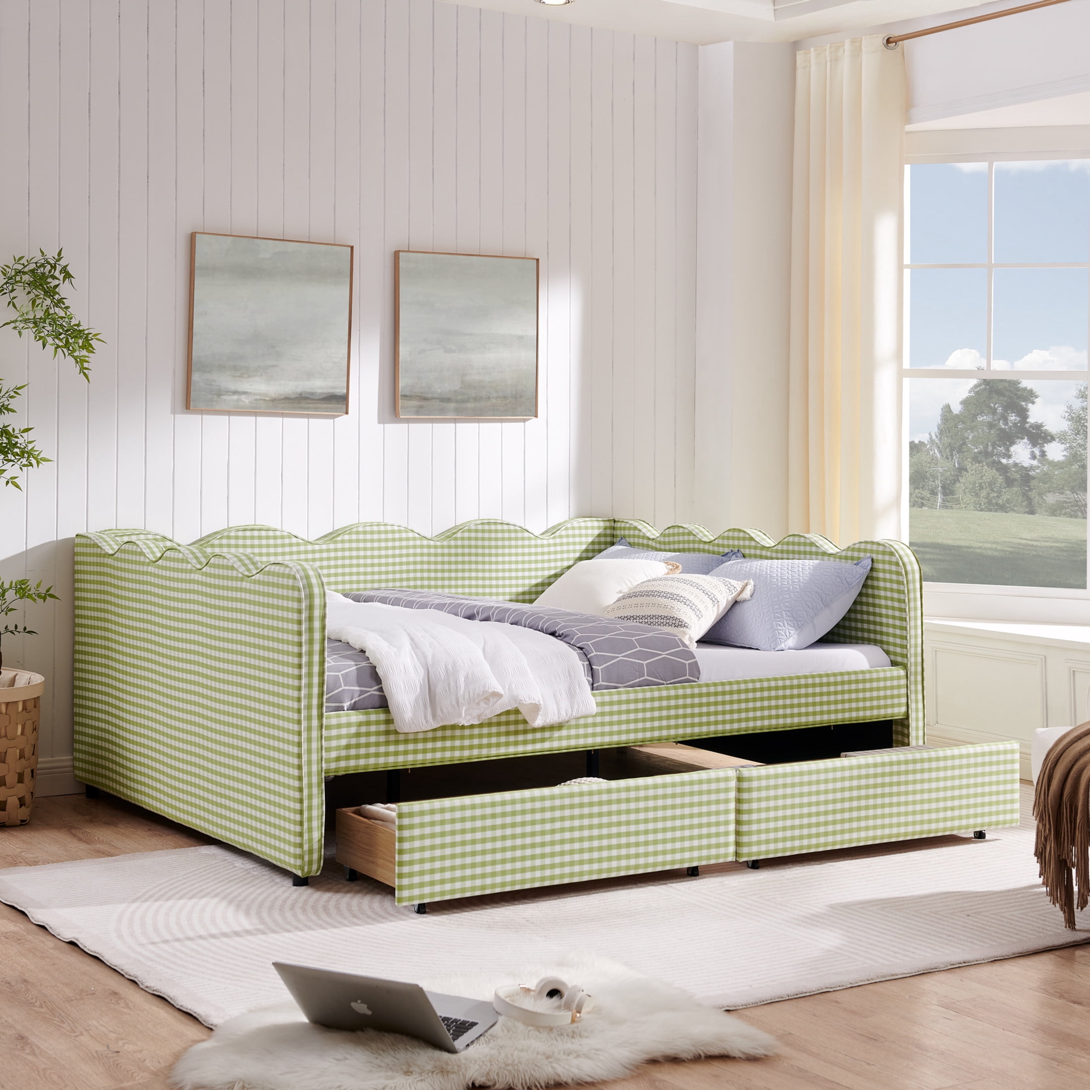 Noble House Corlan Queen Size Waved Daybed, Cozy Gingham Linen Sofa Bed with Storage Drawers and Charging Port, Green