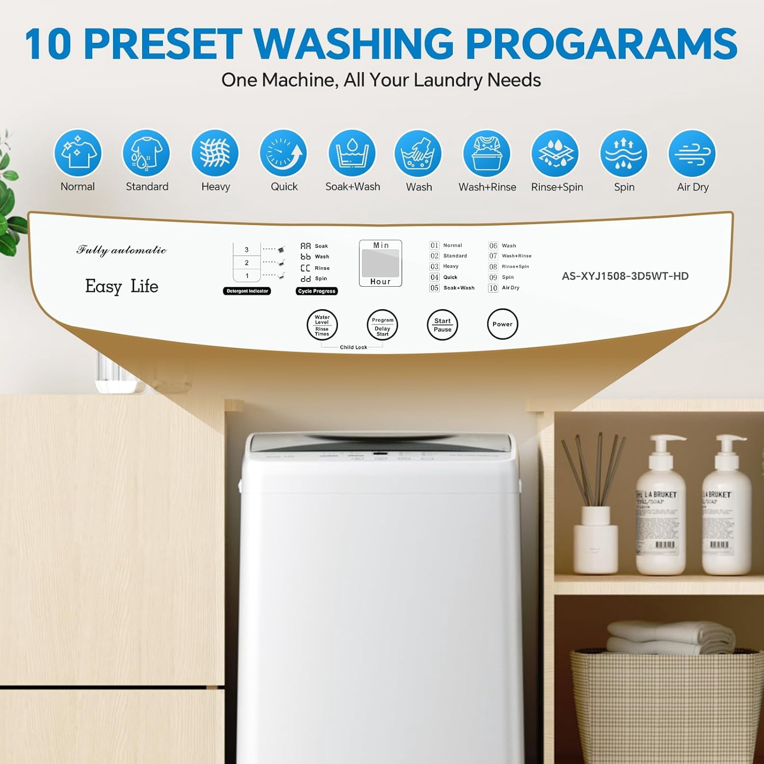 G-Ocean Portable Washing Machine, 1.06 Cu.ft/7.7lbs Full-Automatic Mini Compact Laundry Washer, Stainless Steel Drum, 10 Wash Cycles, Auto-Balance Detection for Home, Apartment, White