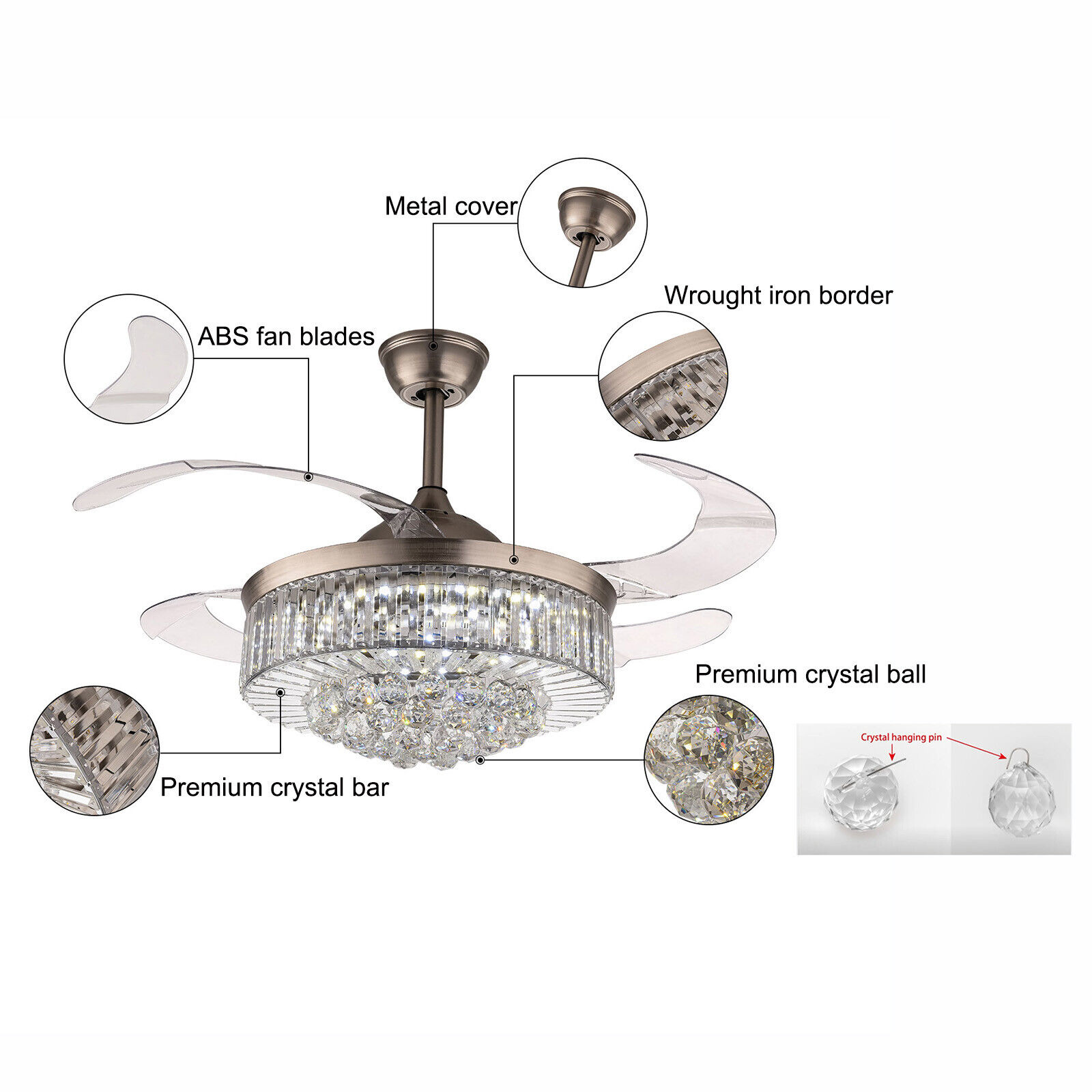 36"Modern Indoor Ceiling Fan With LED Light Crystal Ceiling light with Fan Chandelier Lamp pendent celling lighting lamp light fixture Fandelier Remote Control 3 Fan Speeds