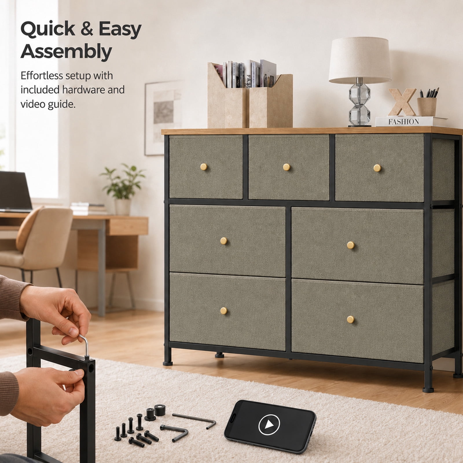 Alvantor 5/7 Drawer Fabric Dresser, Storage Tower for Bedroom and Closet, Chest of Drawers with Sturdy Steel Frame & Wooden Top for Living Room, Entryway