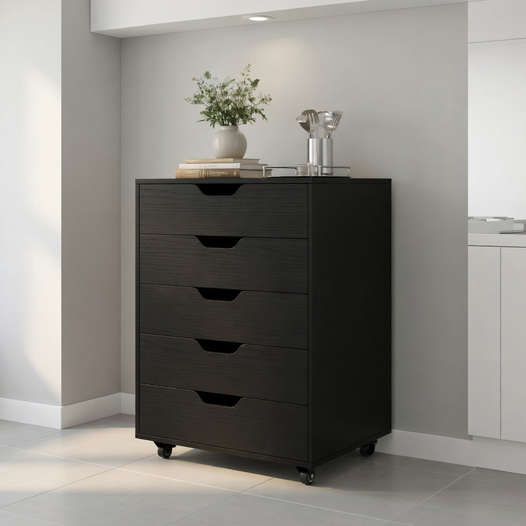 Demi Bonn 5 Drawer Mobile Lateral Filing Cabinet Storage Home Office Floor Cabinet with 4 Wheels, Black