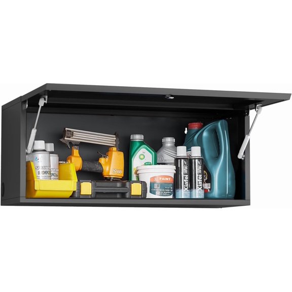 Metal Wall Cabinet for Garage, Wall Mounted Storage Cabinet with Gas Spring, 14" H Lockable Tool Cabinet, Small Hanging Cabinet for Workshop, Warehouse, Enclosed Trailers - Assembly Required