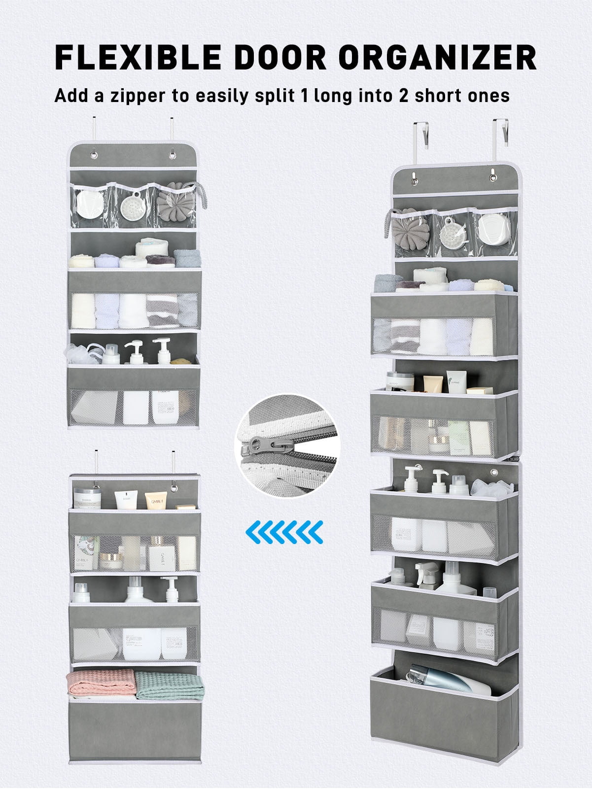 Yecaye 6-Tier Over the Door Storage Organizer, Flexible 1 Split into 2 Swing-proof Hanging Bathroom Storage, Gray