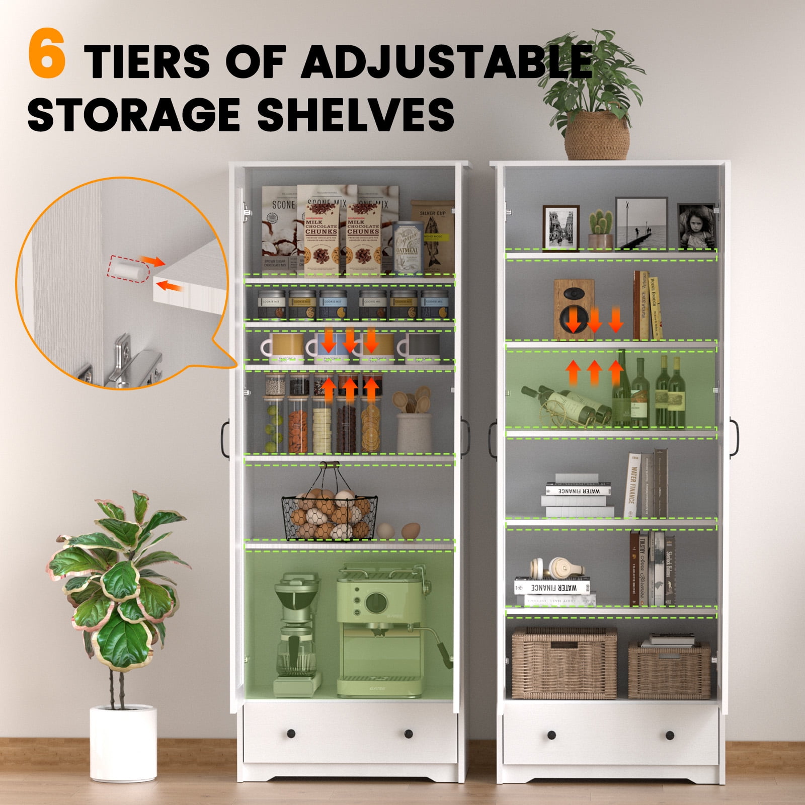 UPGO 70'' Tall Large Wood Storage Pantry Cabinet with 6 Adjustable Shelves, 2 Barn Doors and Drawer