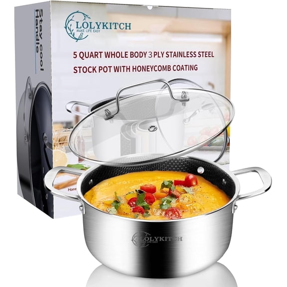LOLYKITCH Tri-ply Hybrid Stainless Steel Stock Pot with Lid,Non-Stick Induction Cooking Pot,Dishwasher and Oven Safe.