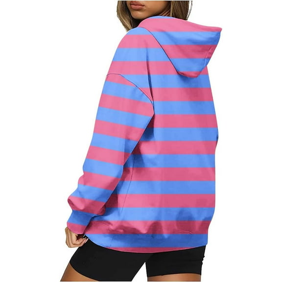 LbsKUS Fall Saving,Womens Oversized Sweatshirts Hoodies Color Block Long Sleeve Casual Hoodies Striped Print Drawstring Pullover Top(Blue,X-Large)