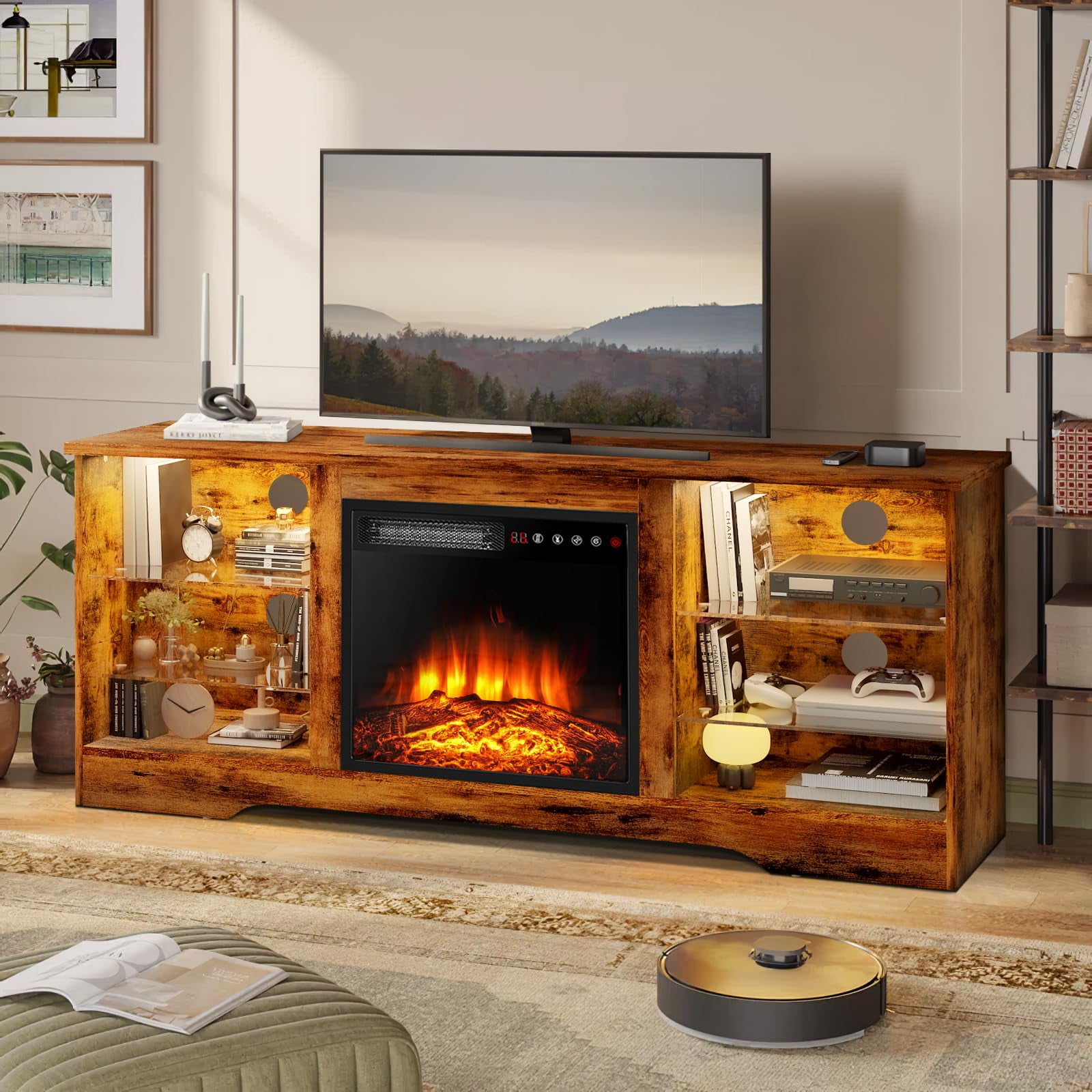 VITESSE 58 Inches TV Stand for TVs up to 65 Inches Console with 18'' Electric Fireplace ＆ Remote, Wooden Mid Century Modern Entertainment Center for Living Room with LED Light Glass Shelves