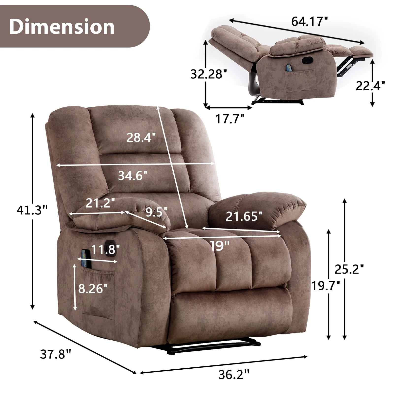 Ebello 36'' Massage Recliner Chair with Heat and Vibration – Soft Fabric Manual Reclining Chair for Living Room and Bedroom – Camel