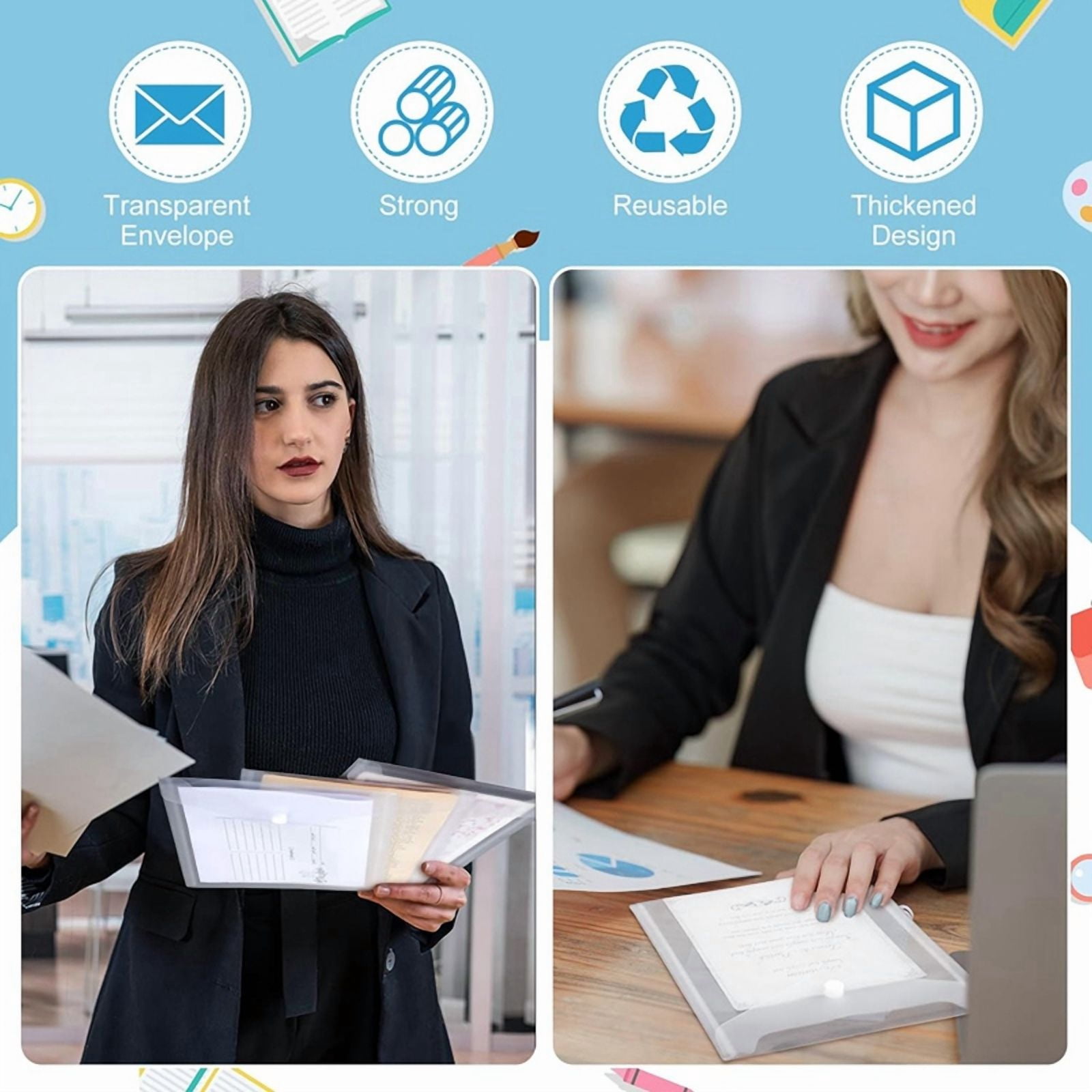 50Pcs Clear Plastic Envelopes with Snap Button Stamp and Die Storage Pockets for School Home Office 7.08 X 9.44Inch