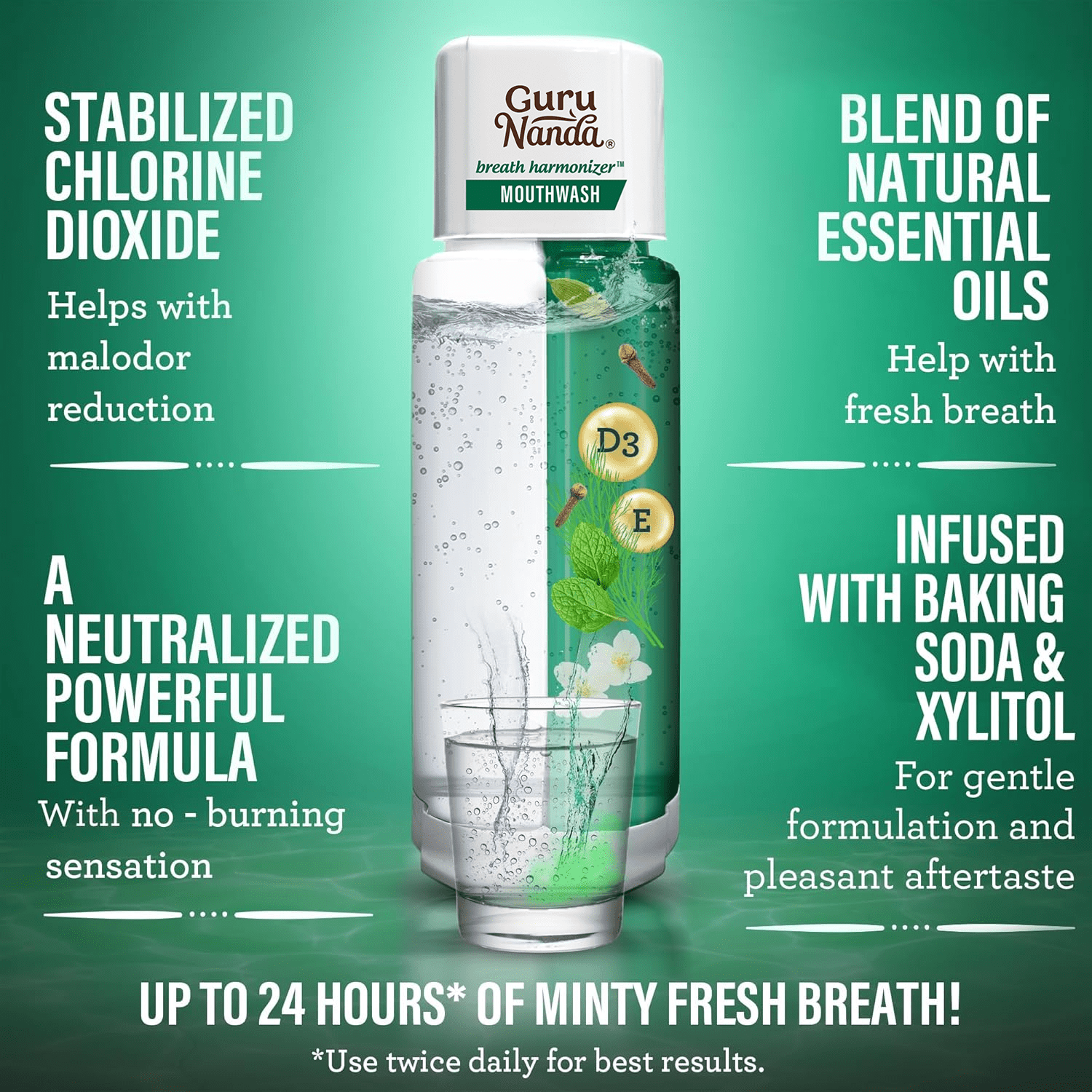 GuruNanda Dual Barrel Breath Harmonizer Mouthwash - Fresh Breath - Alcohol & Fluoride Free -  20 fl oz