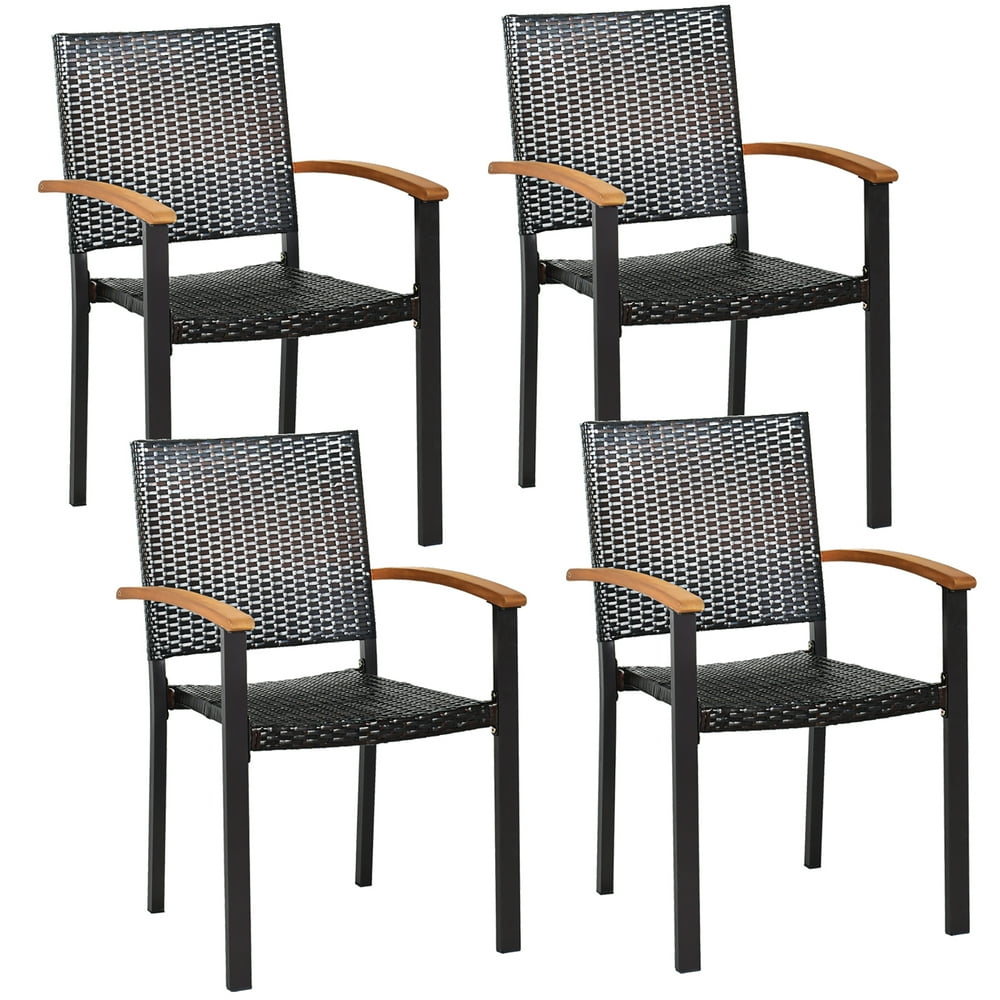 Costway Set of 4 Outdoor Patio PE Rattan Dining Chairs Armrest